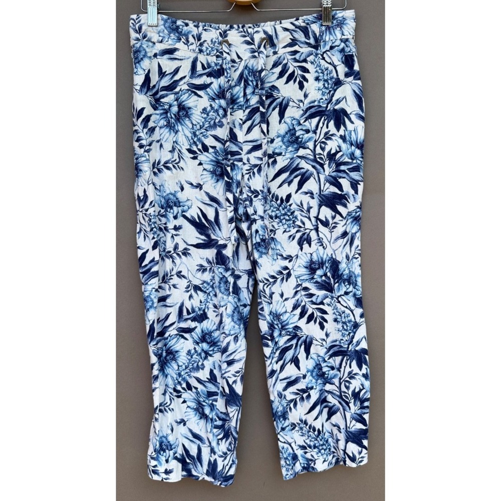 Per Se Linen Blend Cropped Pants Women's M Blue Floral Pull On Nautical Boho